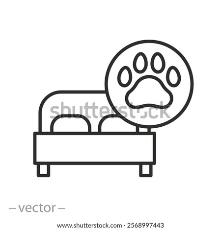 hotel room icon, pets allowed in the room, hotel information sign, bed with paw print, vector illustration, for website, app, ui