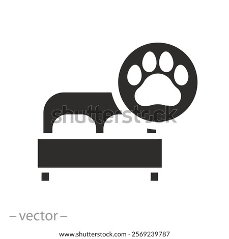 flat icon of pets allowed in the room, hotel information sign, bed with paw print, hotel room, vector illustration, for website, app, ui