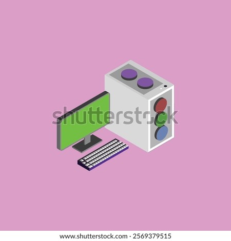 a vector illustration of a computer monitor, keyboard and cpu in isometric style