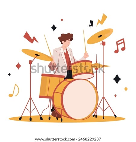 Drummer playing drums, excited musician playing rock music with sticks on drums. Vector illustration isolated on white.