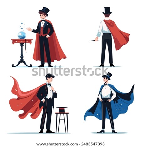 Set of vector magician characters isolated on white background. Circus illusionist collection.