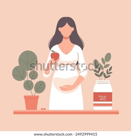 Nutrition and vitamins during pregnancy concept. Pregnant woman. Diet during pregnancy. Food for a pregnant woman. Vector illustration isolated on background.