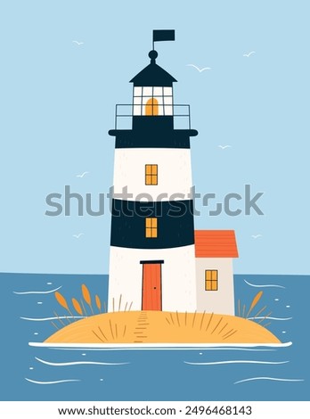 Lighthouse on sea landscape with gulls and sky. Seaside with blue water, clouds on sky, lighthouse building. Vector illustration of beacon seascape background in flat cartoon style. Summer time banner