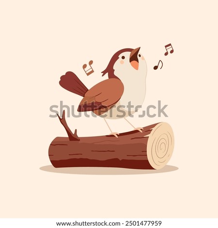 Beautiful vector flat nightingale isolated illustration. A cartoon bird sings on a tree log.