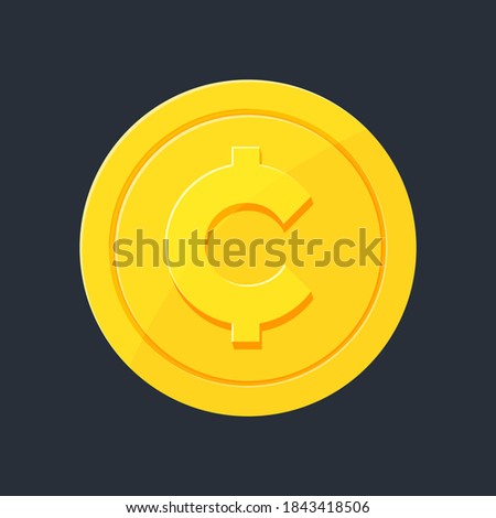 Cent gold coin with sign on black background. centavo currency symbol. Golden flat style vector illustration.