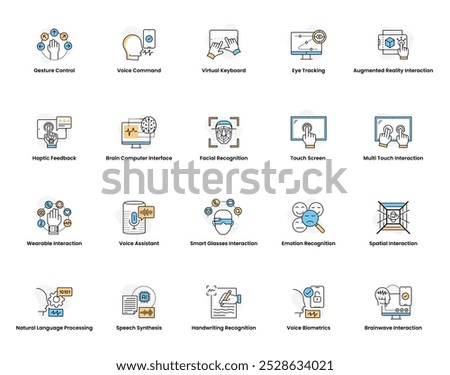 Vector icon set for human-computer interaction (HCI). Gesture control icon, voice command icon, facial recognation icon. 