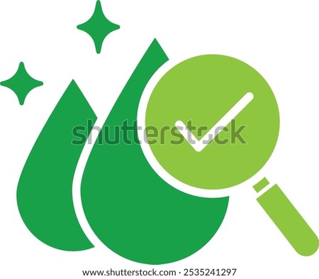 Vector icon of purity. Green droplets with a check mark, symbolizing clean, pure, and eco-friendly substances.