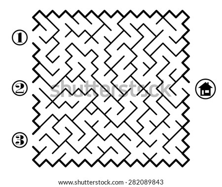 Find way across labyrinth to the home. Three entrances and only one correct path. Vector illustration on white background.