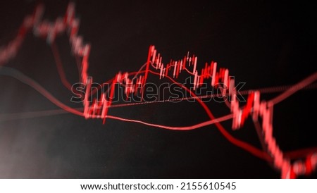 The red crashing market volatility of crypto trading with technical graph and indicator, red candlesticks going down without resistance, market fear and downtrend. Cryptocurrency background concept. Stockfoto © 