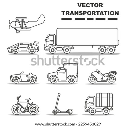 vector transport aerial road moto bicycle kick scooter motor plane al line art style set