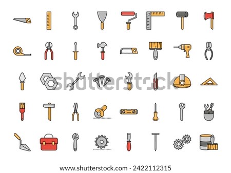 Repair tools and construction equipments line and fill icon set vector