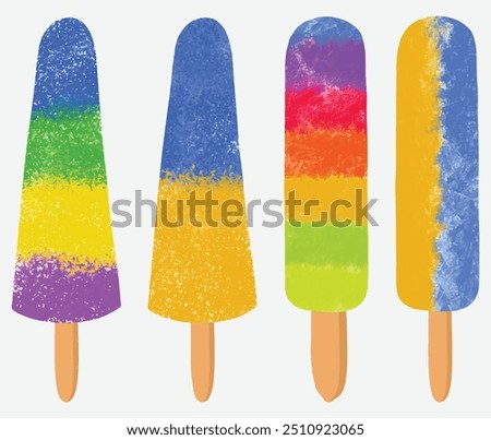 Four watercolor popsicles ice cream. Set of cold summer fruit popsicle stick, various colorful ice creams icon in flat style. Row of icicles collection vibrant color. Tasty ice lolly rainbow colored