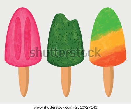 Three watercolor popsicles ice cream. Set of fruit popsicle stick, various colorful chocolate ice creams icon in flat style. Row of icicle collection. Cold lolly pop summer tasty delicious sweet food