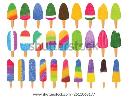 Big collection of various colorful summer popsicles ice cream set cartoon in flat style isolated on white. Watercolor popsicle sticks. Tasting cold ice lolly, rainbow colors variation. Row of sundae