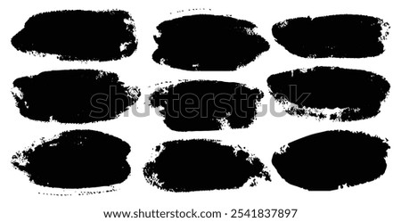 Big collection of vector ellipse brush strokes on white background. Grunge brushes set banners on rice paper. Black paint ink vector circle stains. Chalk round text boxes oval blob brush frames set.