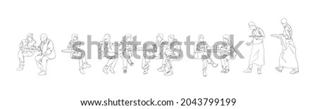 Vector line art of men and women sitting and talking on cafe tables with drinks. Illustration of french cafe atmosphere and waiters with aprons.