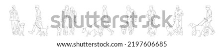Dog walking vector illustration collection. Editable hand drawn sketch of man and pet animal.