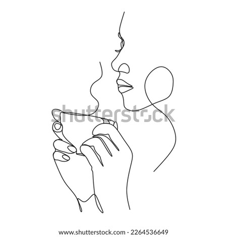 Abstract woman with a cup of fragrant coffee. One line vector drawing. 