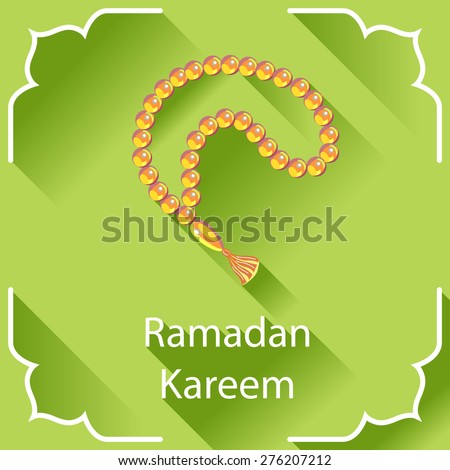Ramadan Kareem greeting card. Islamic rosary vector illustration. Prayer beads with oriental frame.