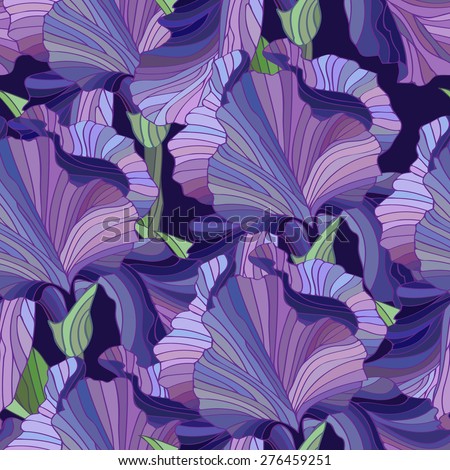 Fleur de lis. Seamless floral pattern. Hand drawn illustration of a purple iris. Beautiful flowers.