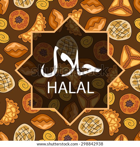 Halal food logo. Asian pastries. Islamic bakery background. Middle Eastern Cuisine.