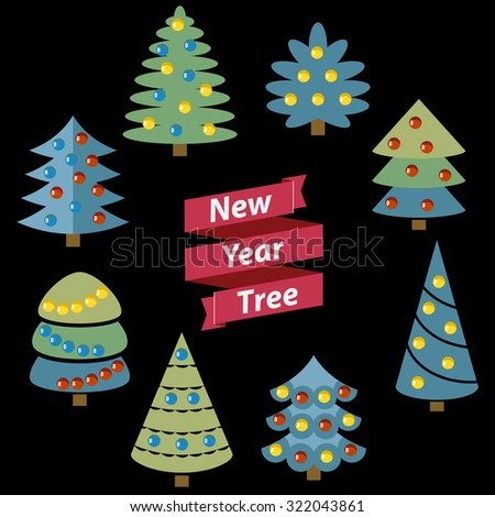 8 abstract new year trees isolated on white, Holiday collection. New year banner. Tree farm vector concept. Glass balls on trees.