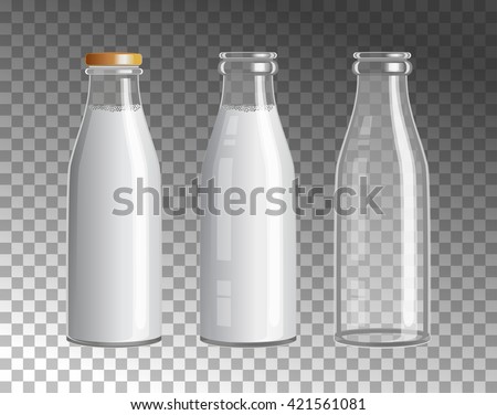 Transparent Glass Bottles. Dairy products. Empty, full and closed milk jars. Vector set of three images.