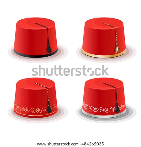  Tarboosh  - Turkish traditional hat. Red conical red hat with a black tassel on top. Fez vector illustration.
