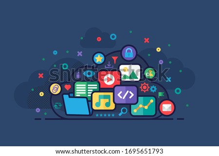 Vector Cloud Storage Concept Illustration with cloud with such symbols as graphics, document, music or audio, video or cinema, image or photo, code in modern flat style. Vector