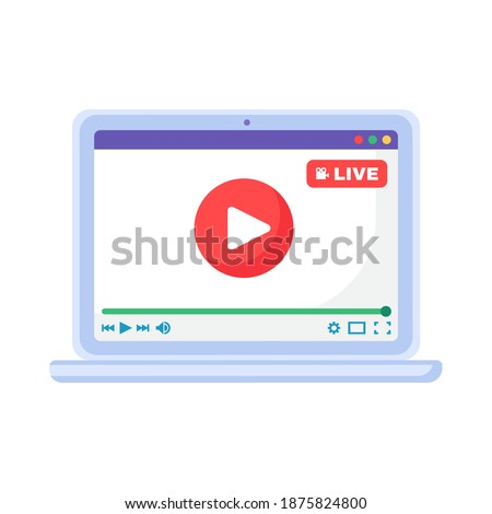 Laptop with Live Stream Play Button, Media Device App Icon. Flat Vector Illustration of Computer Screen with Video Player Open