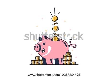 Gold coins fill piggy bank. Monthly savings of salary money for expensive purchase. Planning and analysis of budget of financial operations. Cartoon outline vector concept isolated on white back