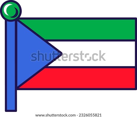 Equatorial guinea republic flag on flagpole vector. Horizontal tricolor of green, white and red with blue isosceles triangle, national coat of arms in centre of symbol flat cartoon illustration