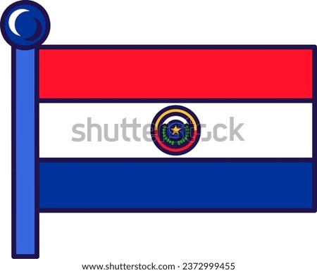 Paraguay country nation flag on flagpole vector. Horizontal triband of red, white and blue, defaced on obverse with coat of arms of republic. Official patriotic symbol flat cartoon illustration