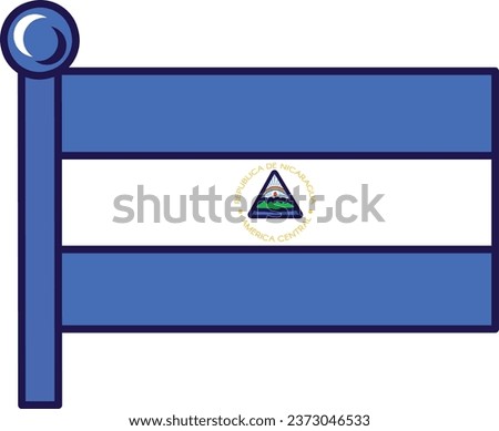 Nicaragua republic nation flag on flagpole vector. Horizontal triband of azure and white ith national coat of arms on center. Patriotic symbolic of independence flat cartoon illustration