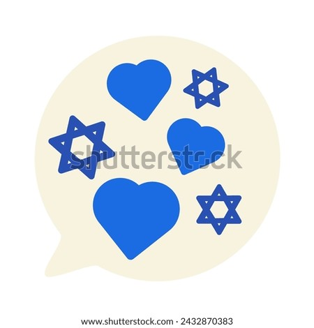 Talking bubble filled with stars and patriotic hearts signs. Festive solid milk element, attribute of Jewish holiday. Cartoon flat vector icon in national colors of Israel flag isolated