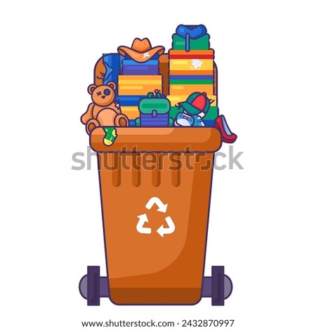 Fulled opened lid container for storing, recycling and sorting used household textile waste. Transportable trash bin for scraps of fabric, toys and old clothes. Stroked cartoon outline vector