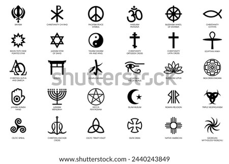 Set of mystical religious symbols of different cultures of world, sacred signs. Spiritual traditional cultures of worship and veneration. Simple black and white vector isolated on white background