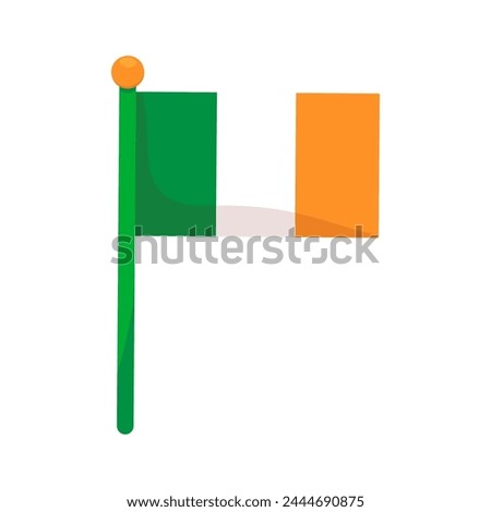 Irish flag fluttering in wind. Ireland banner on flagpole for spring holiday decoration, Happy Patrick party element. Simple cartoon vector isolated on white background