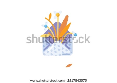 Vector graphic illustration of wilted autumnal flowers in an envelope in a vibrant solid cartoon style. Autumn wildflowers. Message from the past. Fleeting nature of beauty, sadness or nostalgia