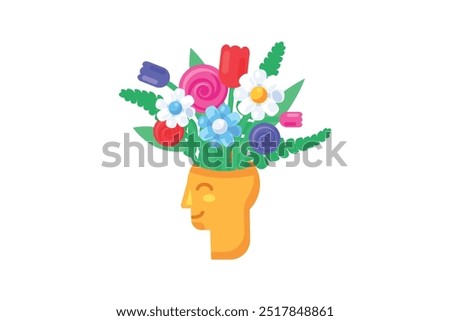 Vector graphic illustration of bouquet of flowers blooming out from head in solid cartoon style. Delightful mix of flowers and green leaves. Happy and joyful state of mind.Psychology and mood icon