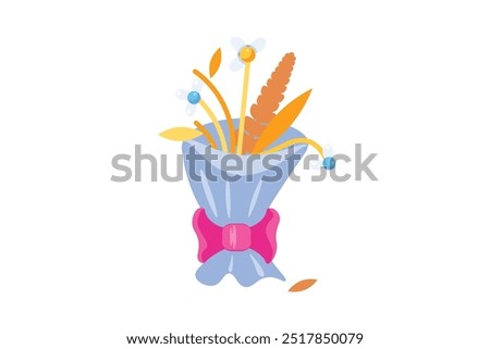 Vector graphic illustration of bouquet of wilted flowers in a vibrant solid cartoon style. The bouquet is housed within a wrapping paper with a pink bow. Fleeting nature of beauty, sadness 