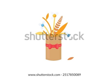 Vector graphic illustration of bouquet of wilted flowers in a vibrant solid cartoon style. The bouquet is housed within a wrapping paper with a golden bow. Fleeting nature of beauty, sadness