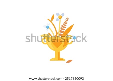 Vector graphic illustration of bouquet of withered flowers in a vibrant solid cartoon style. The bouquet is housed within a golden goblet. Fleeting nature of beauty, sadness or nostalgia