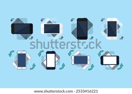 Rotate Your Phone vector Illustrations set in a flat style. Instruction of how to see apps in portrait or landscape mode on the phone