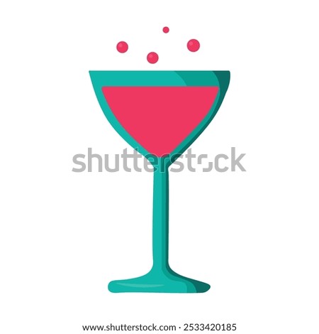 A vibrant vector illustration of a party glass with sparkling beverage in joyful cartoon style. A lively music festival or celebration with joyous atmosphere. Music cafe or club decoration