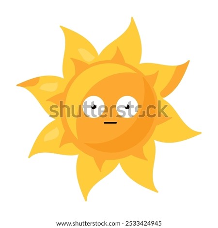 Vibrant vector illustration of stylized sun with an anxious face in bright yellow color in a cartoon style. Campaigns promoting mental health awareness, representing feelings of depression or anxiety