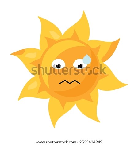 A vibrant vector illustration of anxious sun emoji in bright yellow color in a cartoon style. Bright emoticon character adds a touch of humor to messages about stressful situation