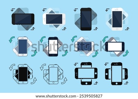 Rotate Your Phone vector Illustration in a flat, solid, and outline styles. Instruction of how to see apps in portrait or landscape mode on the phone. The web, telephone, and screen different