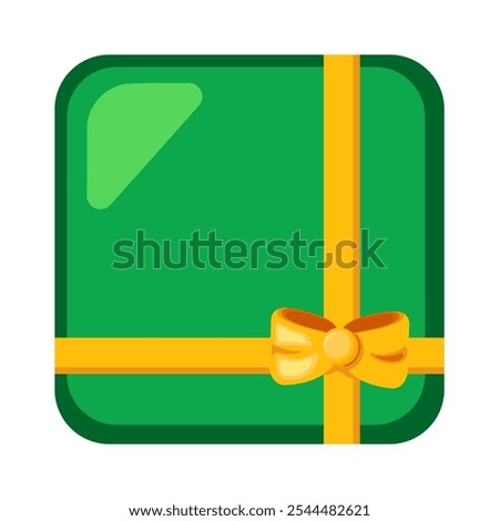 Holiday green gift box tied with golden ribbon top view. Festive weekend surprise for a child under the New Year tree for cartoon vector illustration isolated on white background