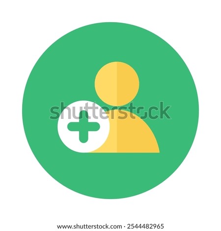 Round green sticker adding new user to online chat icon. New subscriber in information accounting and data control system element. Simple flat vector isolated on white background